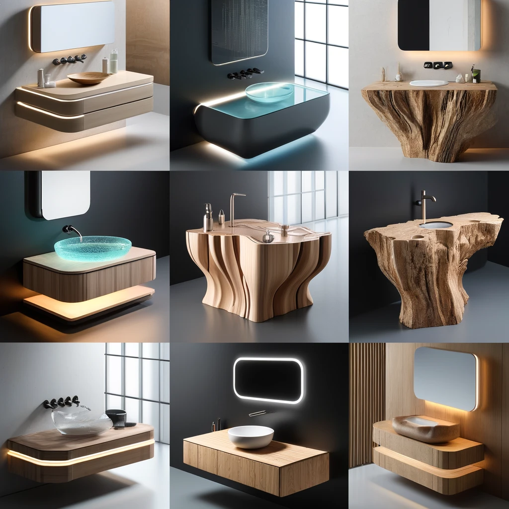 A collection of unique and very modern bathroom vanities, featuring innovative designs. The first vanity is a floating style with integrated LED light