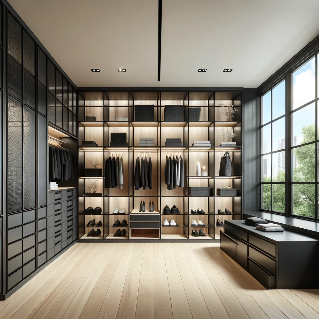 Design of a modern 12 x 12 feet closet with black cabinets in a room featuring large windows.