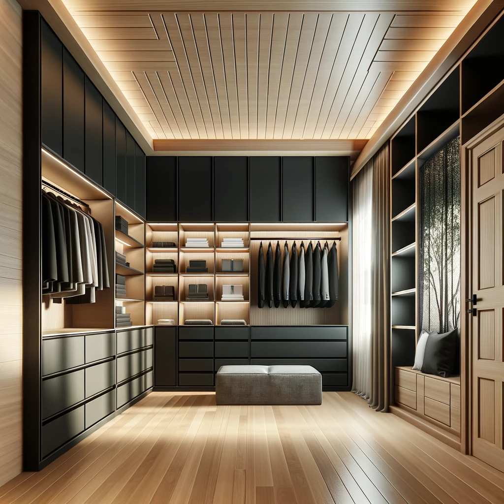 Design of a modern 12 x 12 feet closet with black cabinets in a room with a 9 feet high ceiling and a 3 x 3 feet window facing the entry door